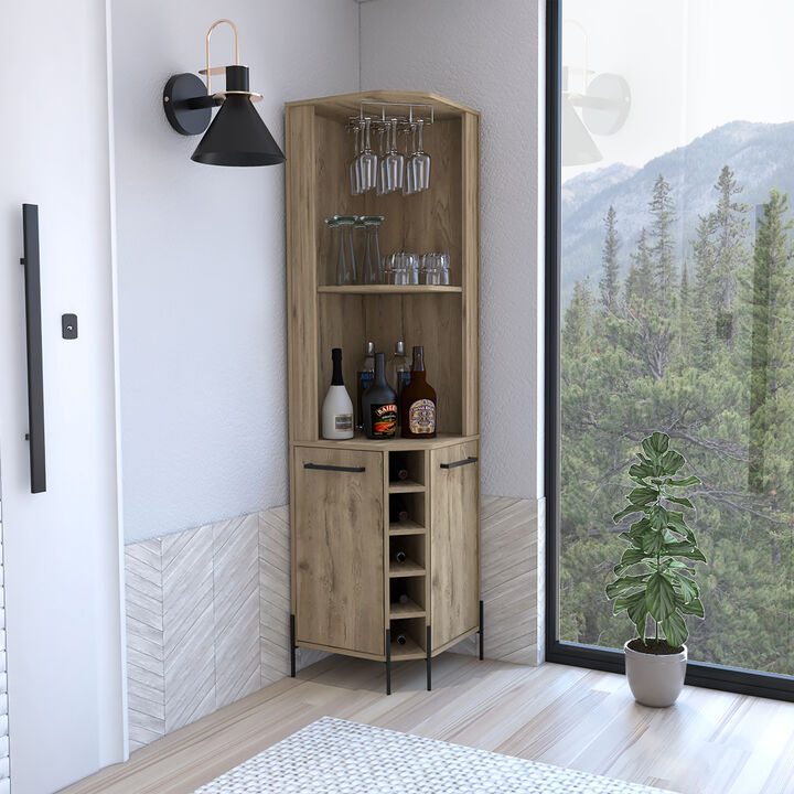DEPOT E-SHOP Bosnia Corner Bar Cabinet, Two Shelves, Two Independent Single Door Cabinet, Five Built-in Wine Rack, Four Interior Shelves, Macadamia