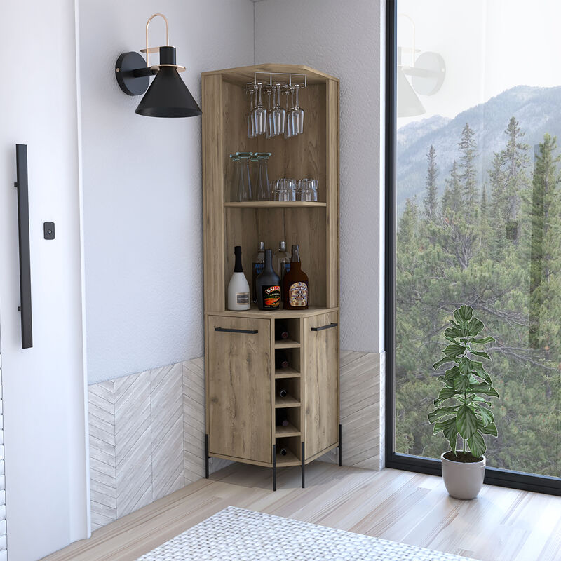 DEPOT E-SHOP Bosnia Corner Bar Cabinet, Two Shelves, Two Independent Single Door Cabinet, Five Built-in Wine Rack, Four Interior Shelves, Macadamia