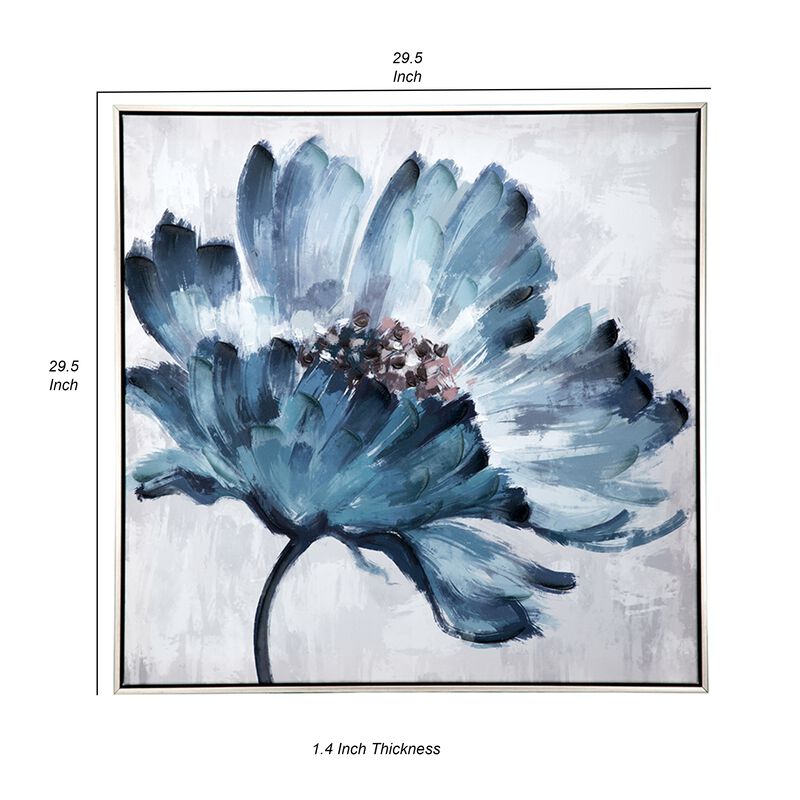 30 x 30 Embellished Handpainted Floral Canvas Wall Art, Blue and White - Benzara
