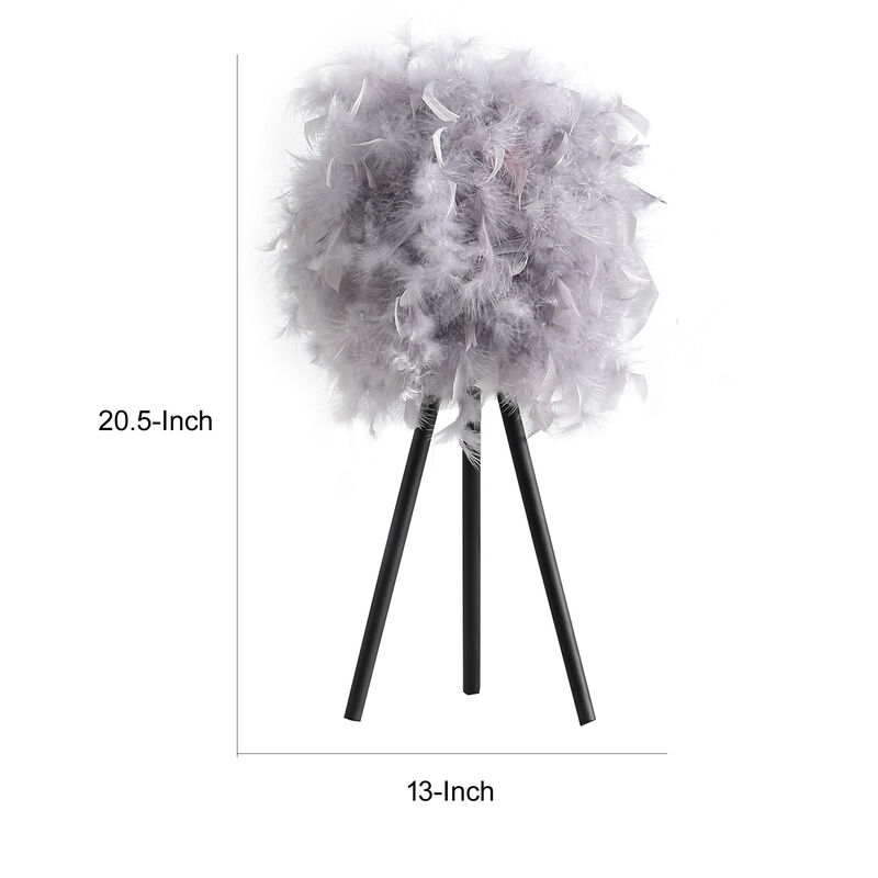 Rio 21 Inch Accent Table Lamp, Gray Feather Shade, Black Metal Tripod Base - Benzara