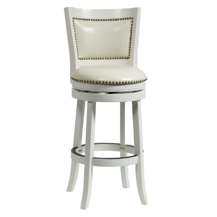 Nailhead Trim Round Leatherette Barstool with Flared Legs, White-Benzara