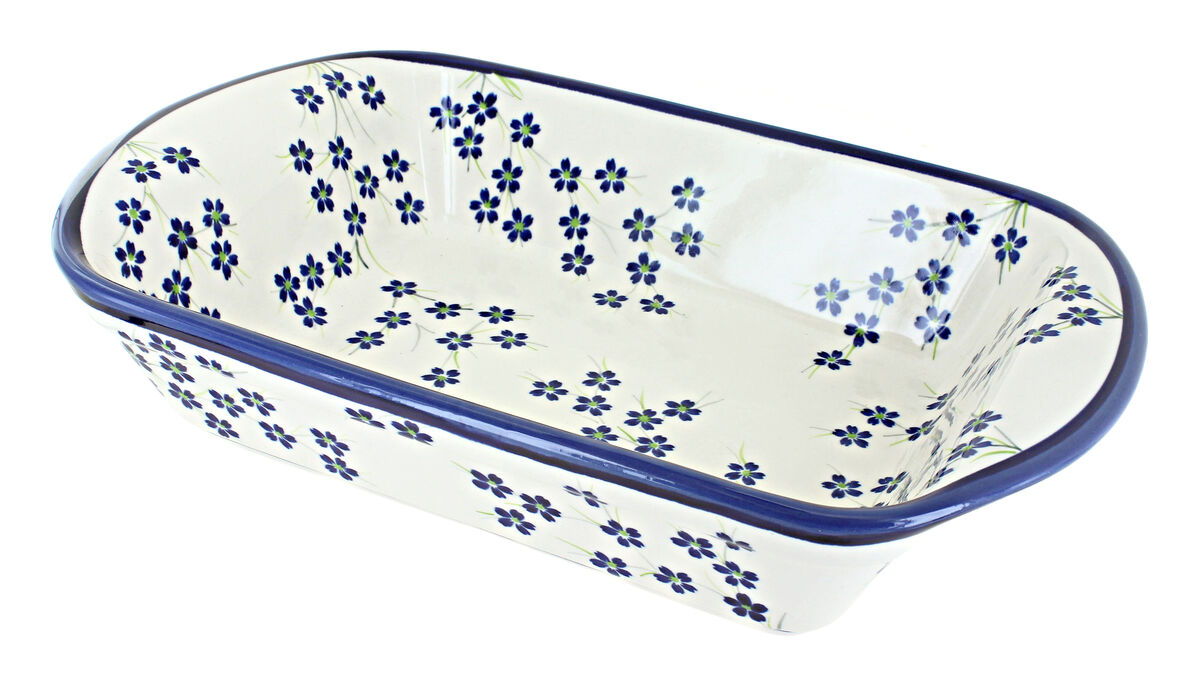 Blue Rose Polish Pottery Mosaic Flower Large Rectangular Baker with Handles