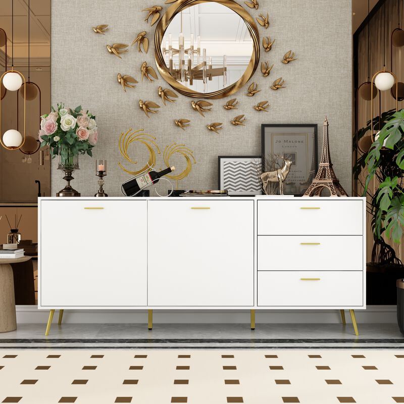 White Wood Buffet Sideboard Storage Cabinet 3-Drawers 2-Cabinets Shelves Kitchen Dining 69 in. W x 30 in. H x 15.6 in. D