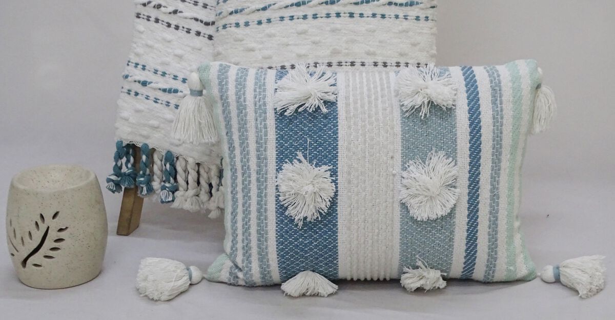 14"x20" Accent Pillow with Large Poms and Corner Tassles