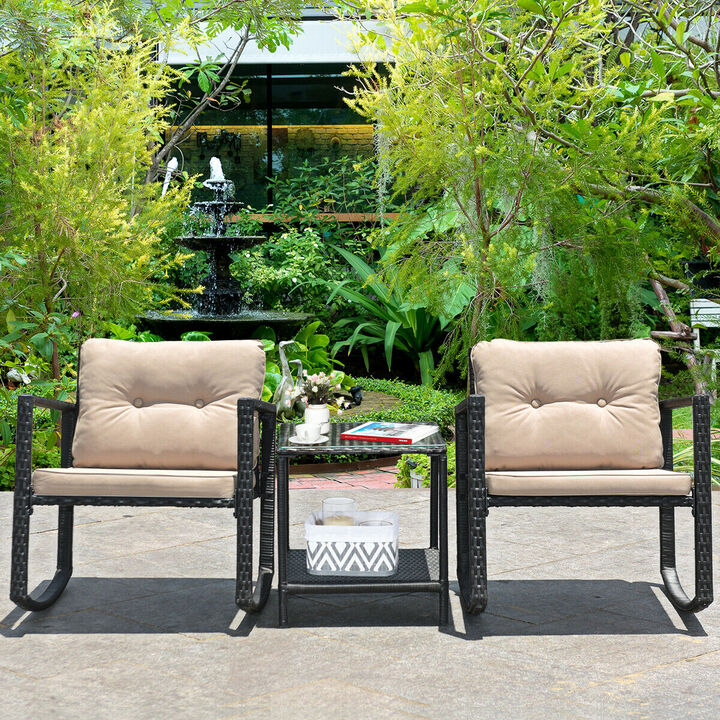 3 Pcs Wicker Rocking Bistro Set with Glass Coffee Table and Storage Shelf