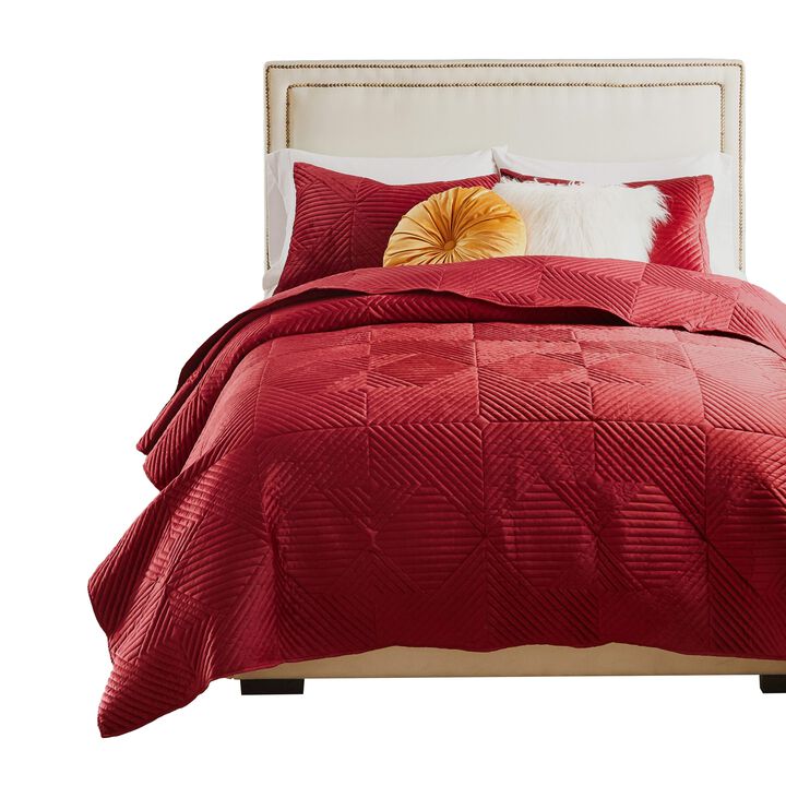 Ahab 3pc King Size Quilt and Pillow Sham Set, Dutch Velvet Face, Red