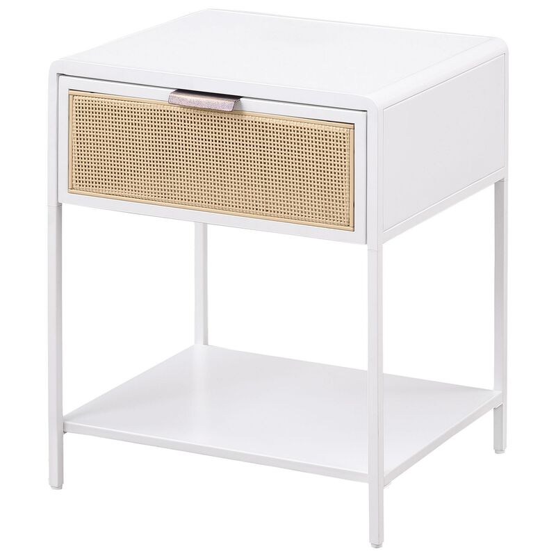 Lanie Bedside Table with Drawer and Open Shelf, PE Cane, White Metal - Benzara