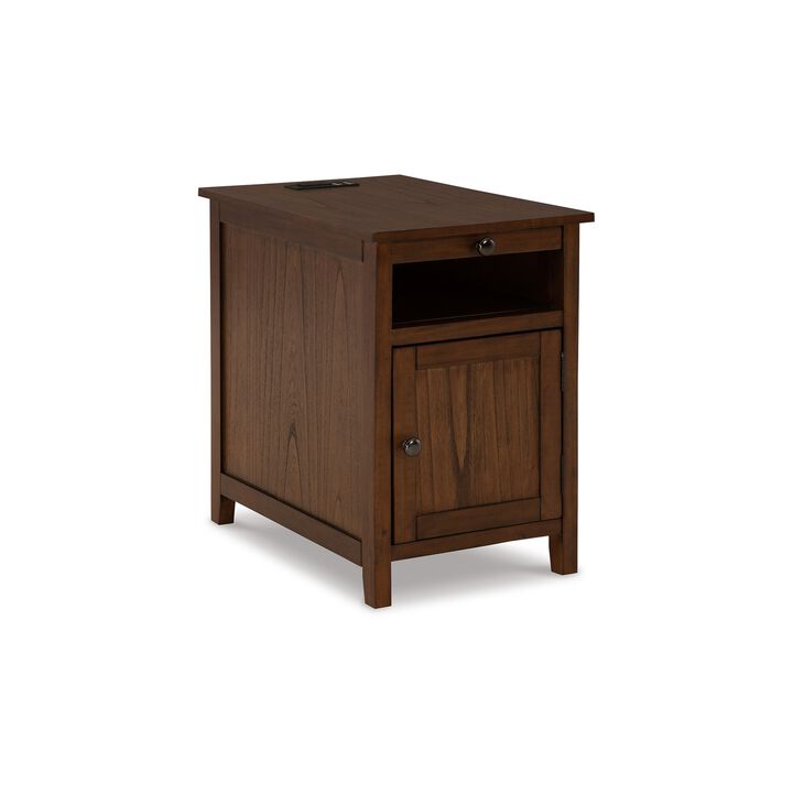 Gena Side End Table, Shelf and Pull Out Tray, Brown Solid Wood 24 Inch - Benzara