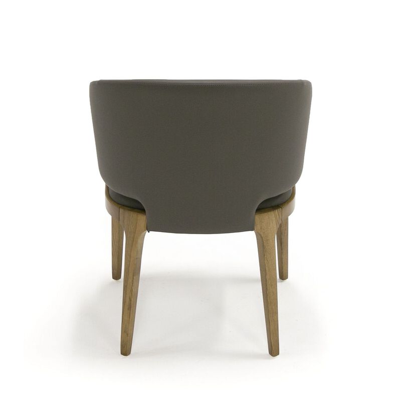 22 Inch Dining Chair, Gray Vegan Faux Leather, Curved Back, Solid Wood-Benzara
