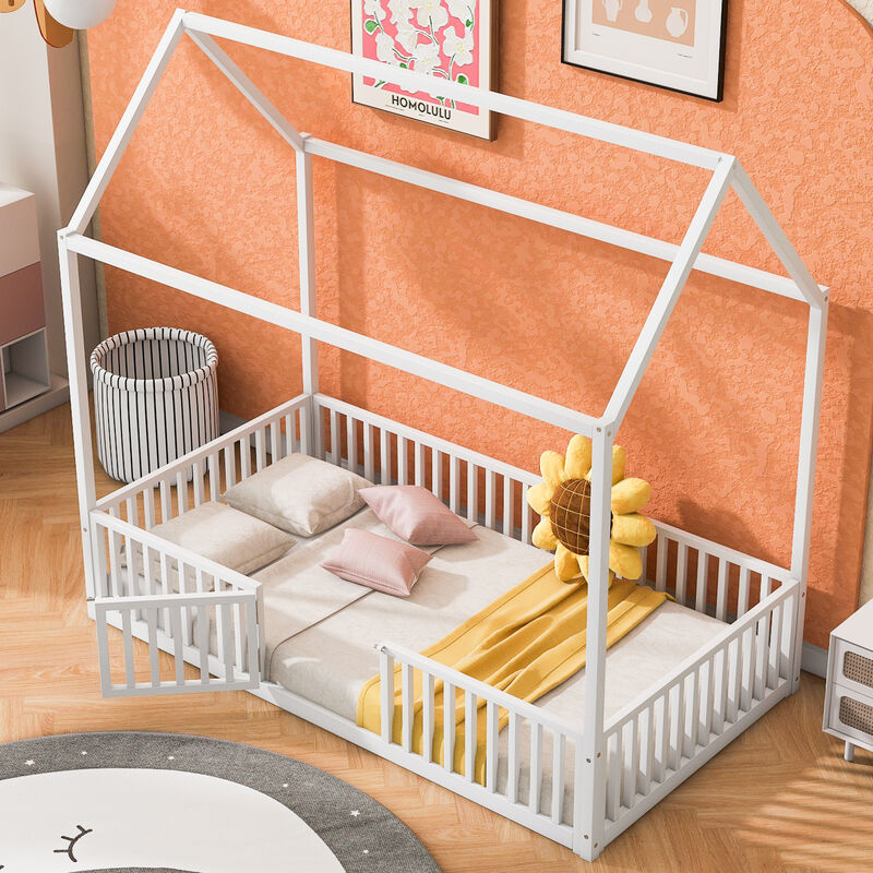 Merax Metal House Bed with Fence and Door