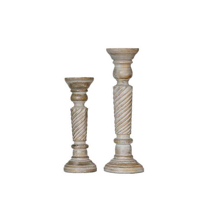 BBH Homes Traditional Gray Wash Eco-friendly Handmade Mango Wood Set Of Two 12" & 15" Pillar Candle Holder