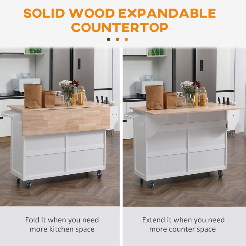 White Kitchen Helper: Rolling Island Cart with Drop-Leaf Top