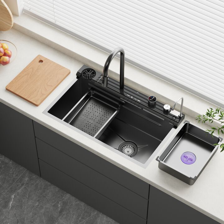 FUFU&GAGA  304 Stainless Steel Kitchen Sink with PVD Nano Black Coating & Smart Features, (29.5" L x 17.7" W x 8.7" H), Black
