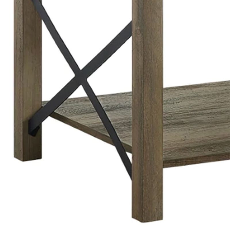 Eli 47 Inch Wood Coffee Table, Metal Brackets, Cross Bars, Rustic Oak Brown-Benzara