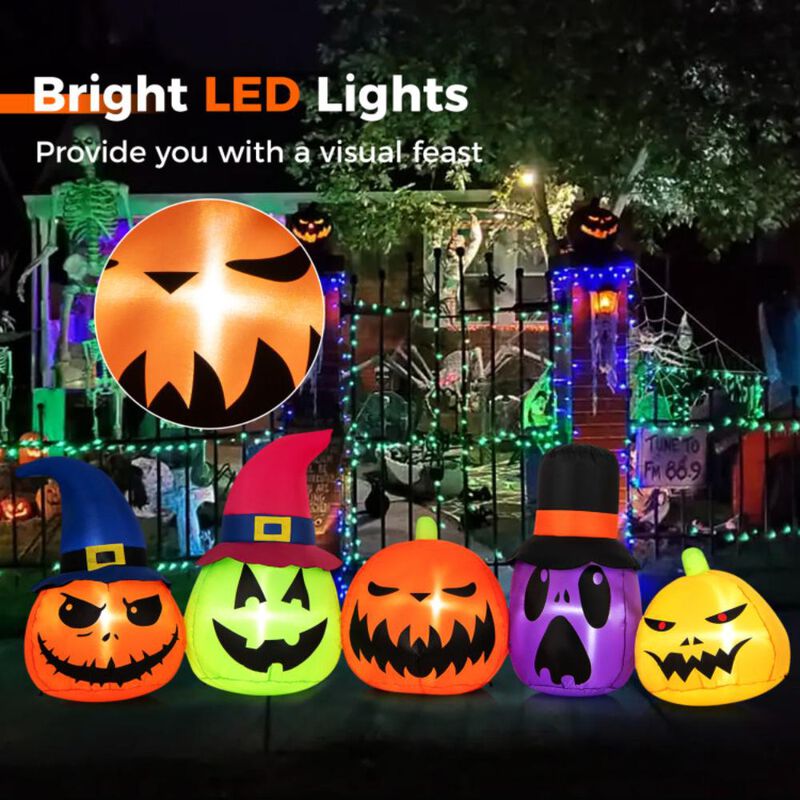 Hivvago 9 Feet Inflatable Pumpkin Patch Family with Built-in LED Lights and Witch Hats