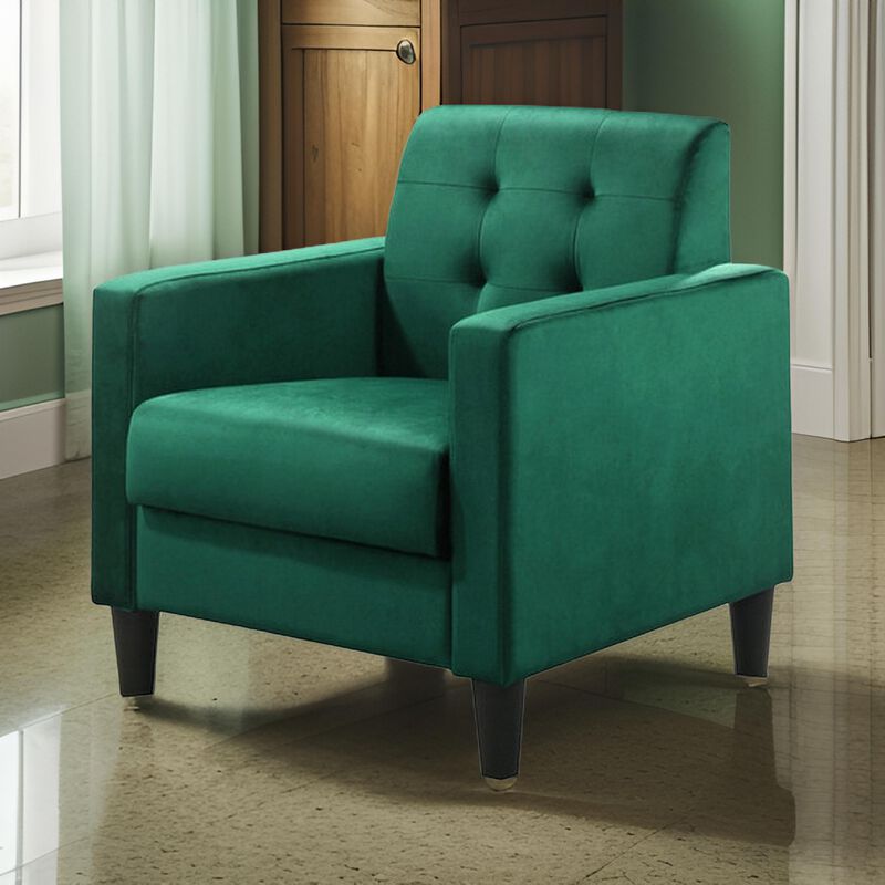 Oz 28 Inch Modern Accent Armchair with Foam Cushion, Tufted Green Velvet-Benzara