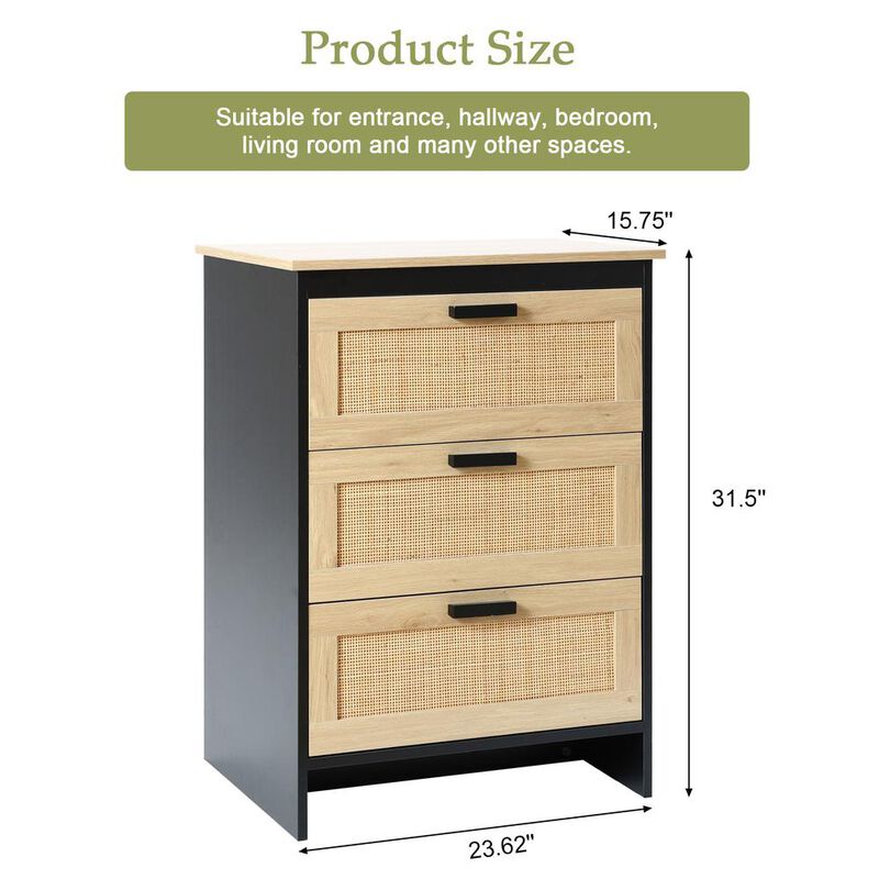 LuxenHome Black and Brown Wood 3-Drawer Rattan Chest