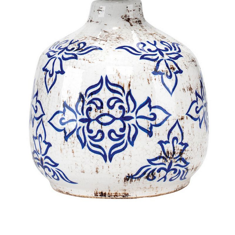 Table Lamp with Floral Pattern Ceramic Base, White-Benzara