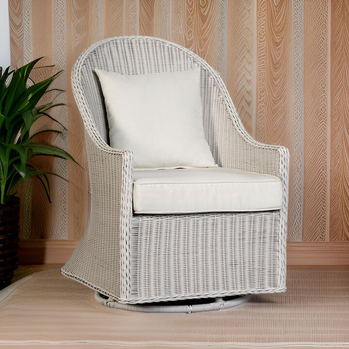 Tomo Outdoor Swivel Chair, Wingback Design, White Fabric, Wicker Rattan