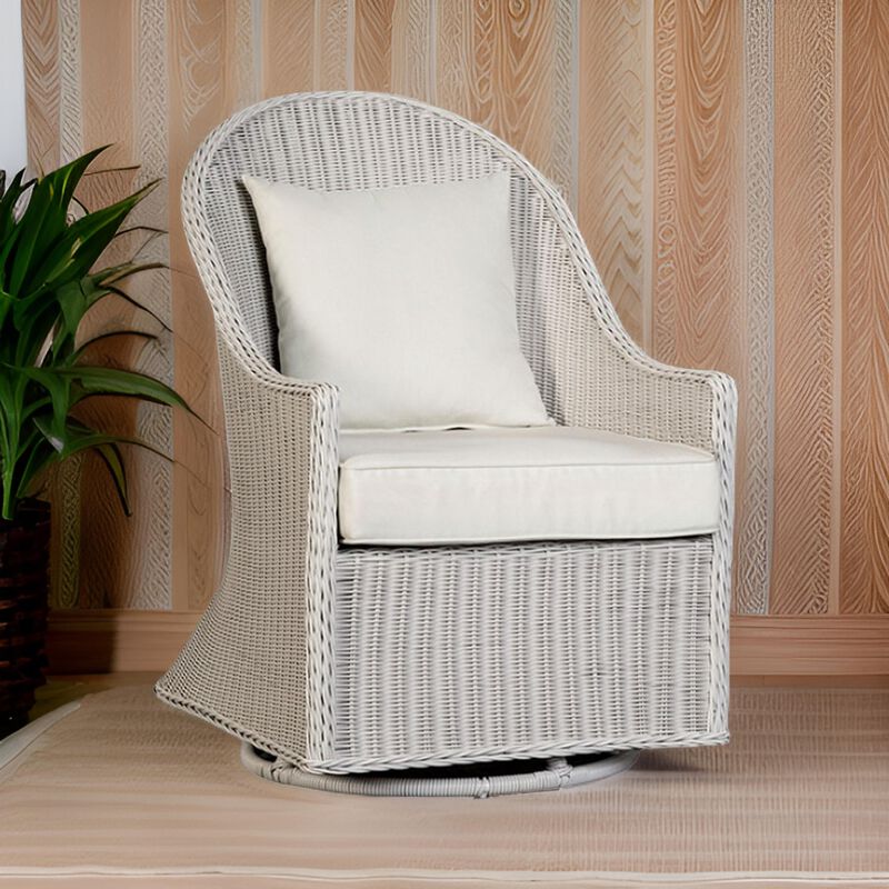 Tomo Outdoor Swivel Chair, Wingback Design, White Fabric, Wicker Rattan