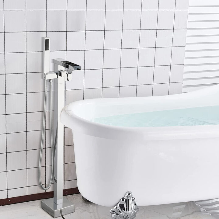 Bathroom Freestanding Waterfall Tub Filler Matte Black Floor Mount Faucet With Hand Shower