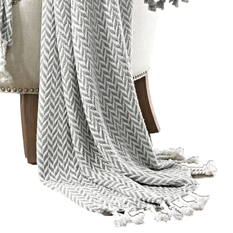 Calabria Herringbone Cotton Throw The Urban Port, Set of 2, Gray and White - Benzara