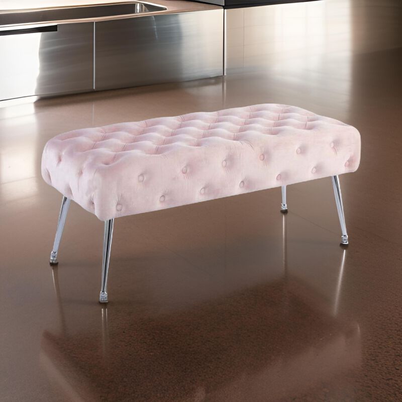 Rey 48 Inch Accent Bench, Tufted Pink Velvet Upholstery Padded Seat, Chrome - Benzara