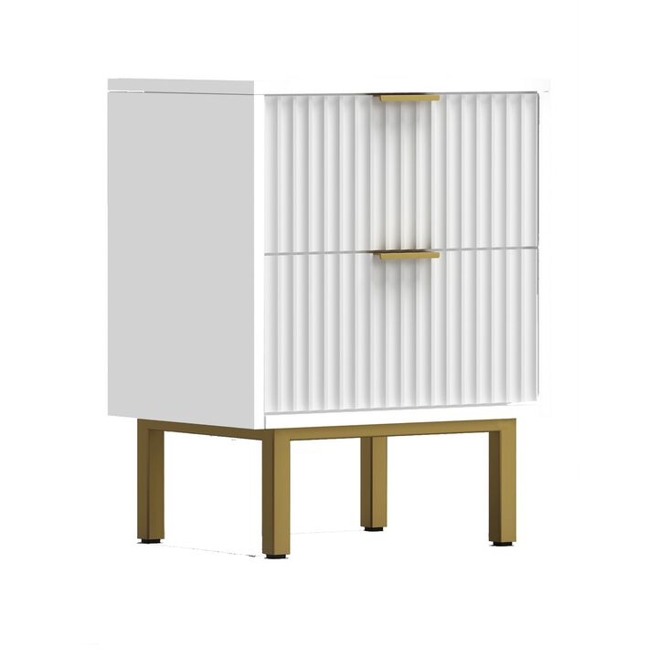 Beth 27 Inch 2 Drawer Nightstand, Corrugated, Mahogany Wood, White, Gold-Benzara