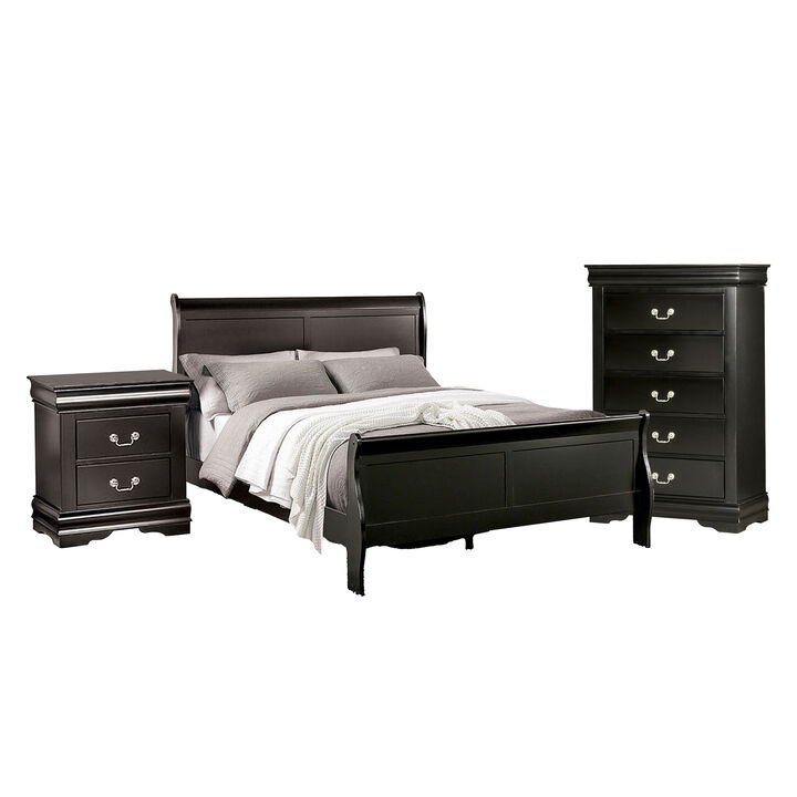 Ry Three Piece Full Size Bedroom Set, Sleek Modern Transitional Style, Black - Benzara