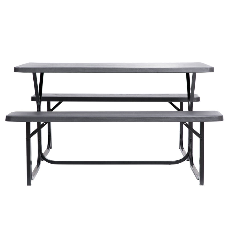 Outdoor Gray Woodgrain Picnic Table Set with Metal Frame, 5 Feet Long