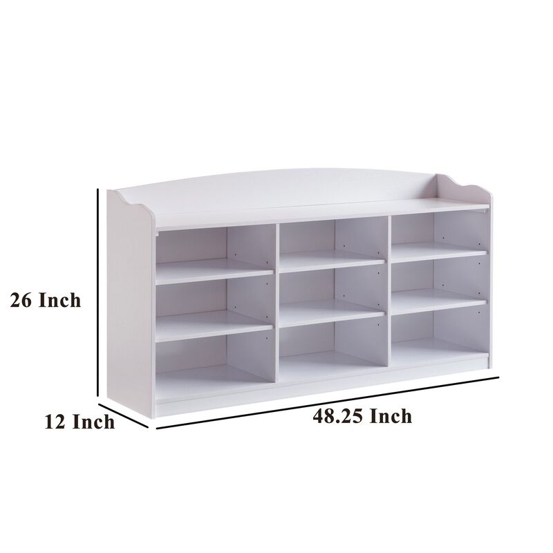 Hale Shoe Bench, 48 Inch Top, 9 Open Compartments, Modern White Finish - Benzara
