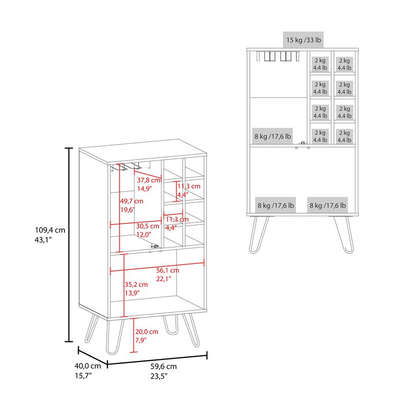 Lutak Bar Cabinet 43.1" H, with 2 Doors, 9 Shelves, and 1 Glass Panel, White Washed Oak