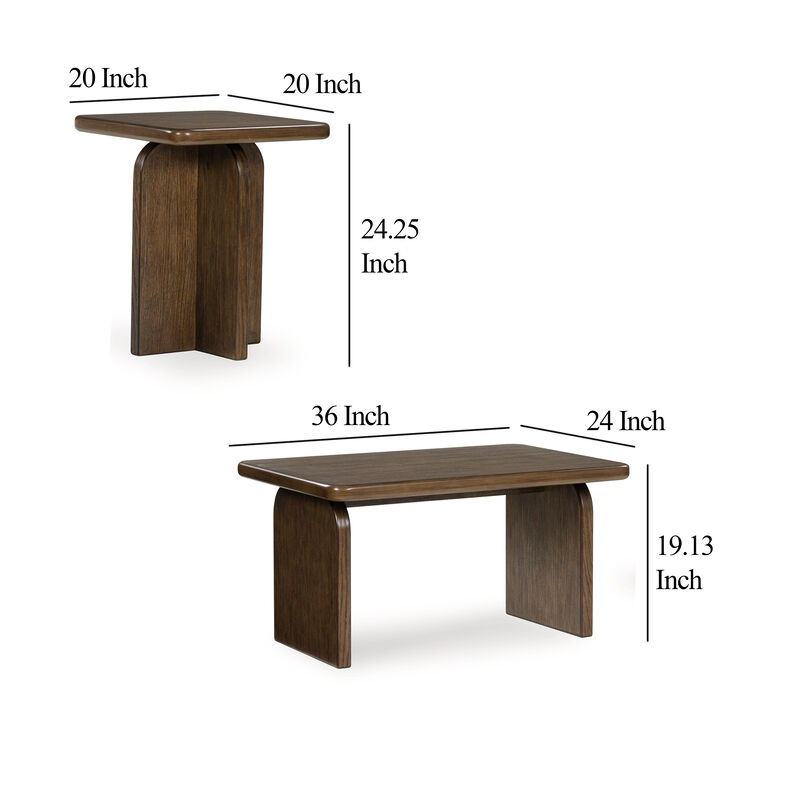 Medy 2pc Coffee and End Table Set, Wide Geometric Base, Textured Brown - Benzara