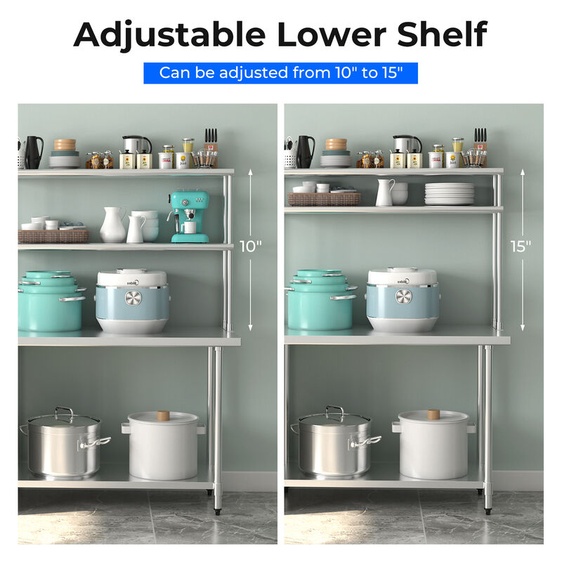 48 x 12 Inch Kitchen Stainless Steel Overshelf with Adjustable Lower Shelf