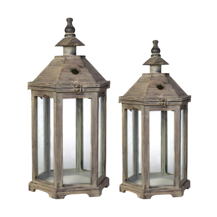 Temple Design Wooden Lantern with Glass Panels, Brown, Set of 2-Benzara