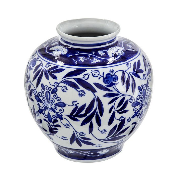 9 Inch Porcelain Vase, Blue Persian Print, Curved Shape, Flared Opening-Benzara