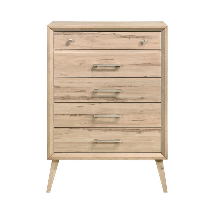 Kali 49 Inch Tall Dresser Chest, 5 Drawers, Nickel Handles, Oak Brown Wood - Benzara