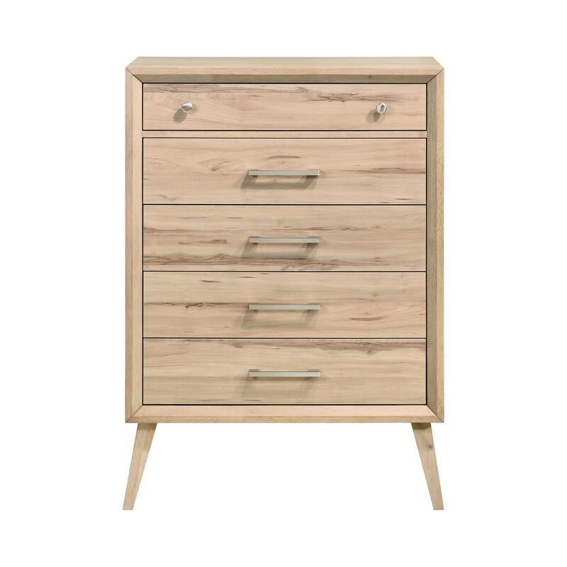 Kali 49 Inch Tall Dresser Chest, 5 Drawers, Nickel Handles, Oak Brown Wood - Benzara