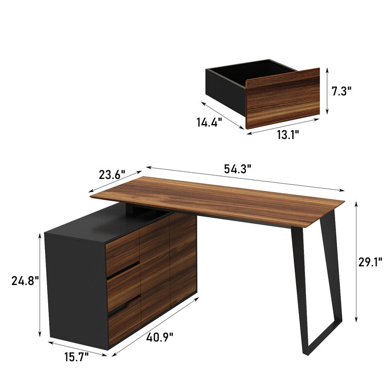 54.3 in. Reversible L-Shaped White Wood Writing Desk Office Workstation With Adjustable Shelves, Drawers, Doors Cabinet
