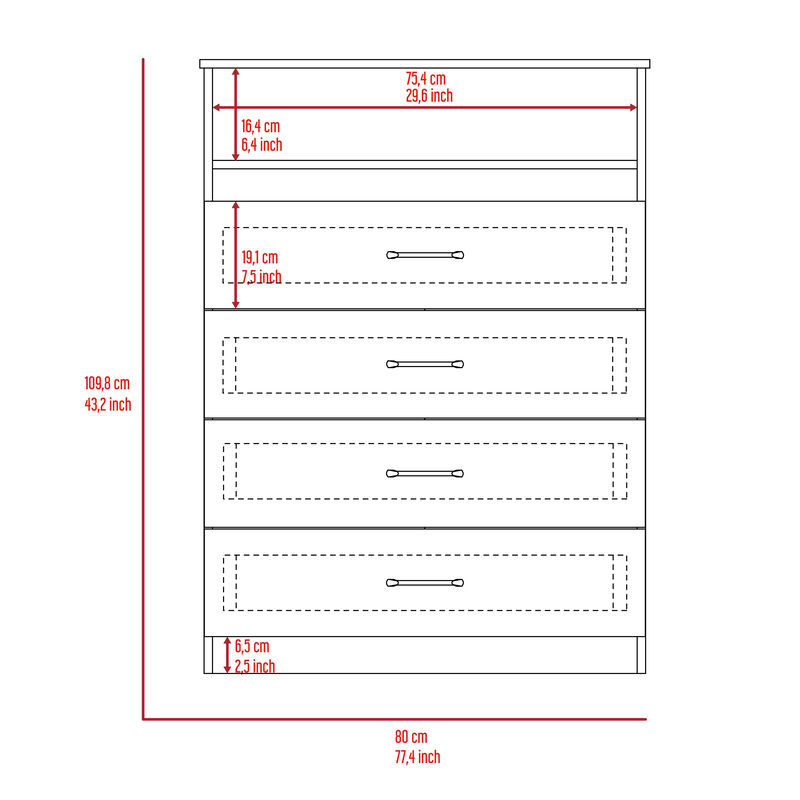 DEPOT E-SHOP Kairo Dresser, Four Drawers, One Shelf, Superior Top, White