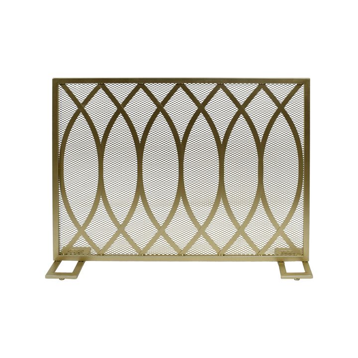 30x40 Fireplace Screen, Overlapping Round Lens Design, Gold Iron -Benzara