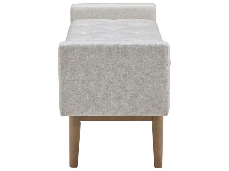 Tufted Fabric Storage Bench with Low Profile Elevated Arms, Light Gray - Benzara