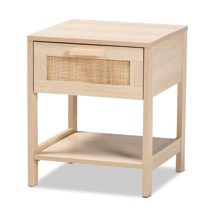 Baxton Studio Sebille  Light Brown Finished Wood 1 Drawer End Table with Natural Rattan