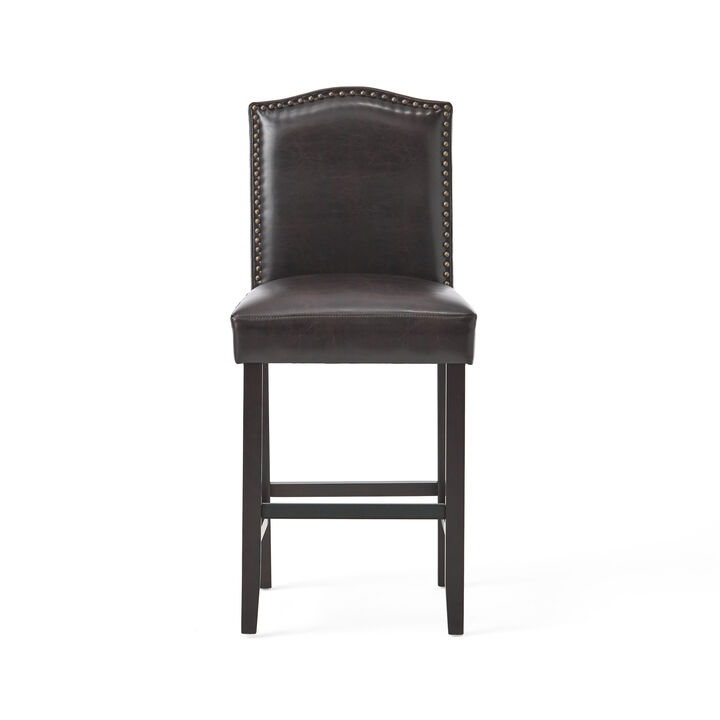 Counter Height Chair Set of 2, Nailhead Trim, Brown and Walnut Faux Leather - Benzara
