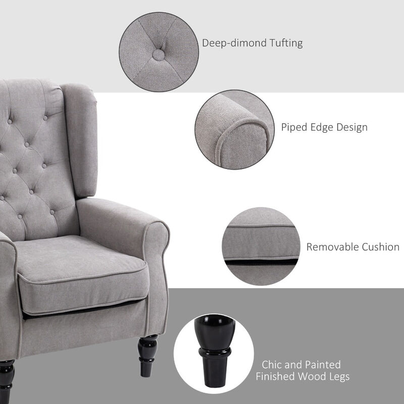 Gray Club Sophistication: Fabric Tufted Accent Chair with Wooden Legs