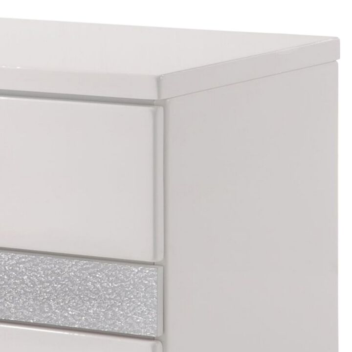 Nightstand With Three Center Metal Glide Drawers In White Gloss Finish-Benzara