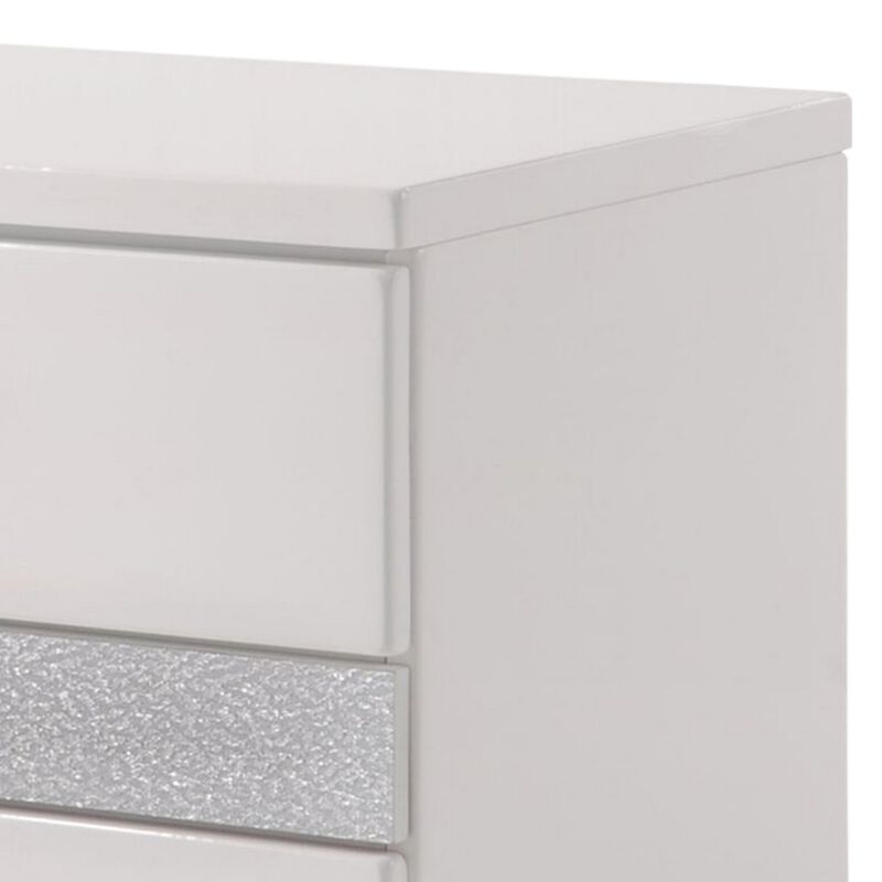 Nightstand With Three Center Metal Glide Drawers In White Gloss Finish-Benzara