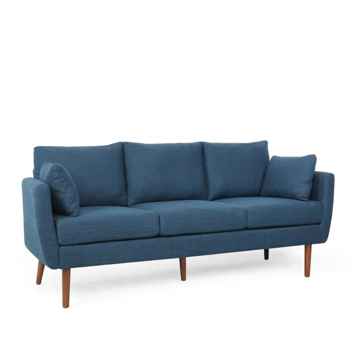 Nate Sofa with 2 Accent Pillows, 77 Inch Birch Wood, Navy Blue Fabric - Benzara