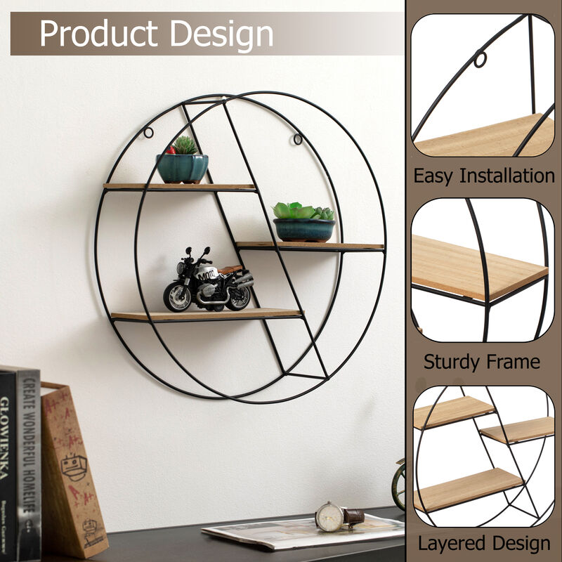 Vintiquewise Elegant 3-Tier Decorative Floating Circular Silhouette Wall Shelf - Circular Metal and Wood Wall-Mounted Shelf for Entryway, Bathroom, Bedroom, and Living Room Decor, Black Finish