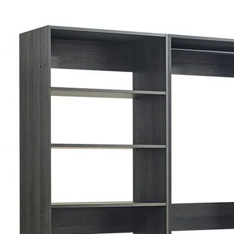 Dee Modular Closet System, 2 Clothing Racks, 6 Shelves, Dark Gray Wood - Benzara